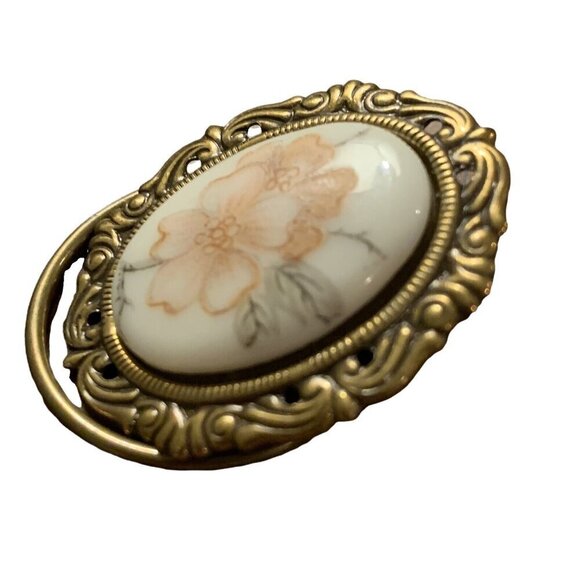 Vintage Jeri-Lou Floral Scarf Clip Oval Goldtone Frame Dogwood Design Signed - Picture 4 of 11